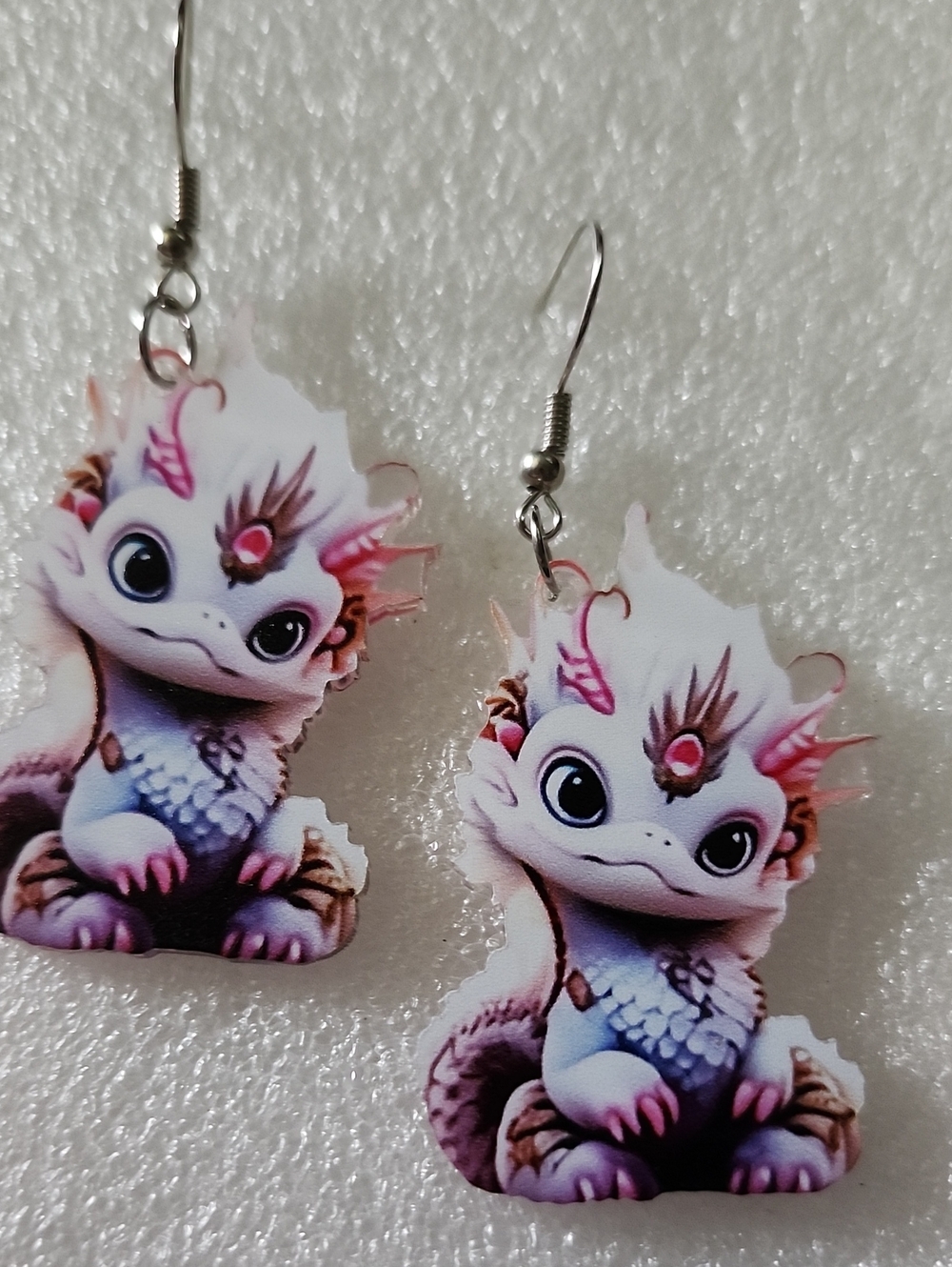 Hand Crafted White and Pink Dragon Cartoon Drop Earrings